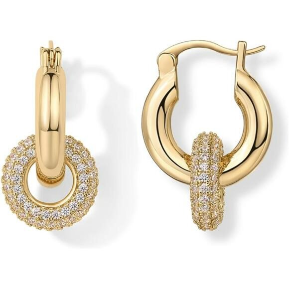 Gold chunky hoop earrings huggie cubic zirconia dangle drop earrings set - Picture 1 of 6